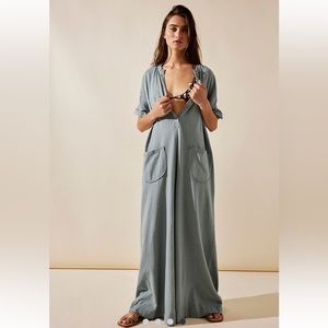 Free People Linen Blend light gray Oversized Wide Leg Henley Jumpsuit boho
